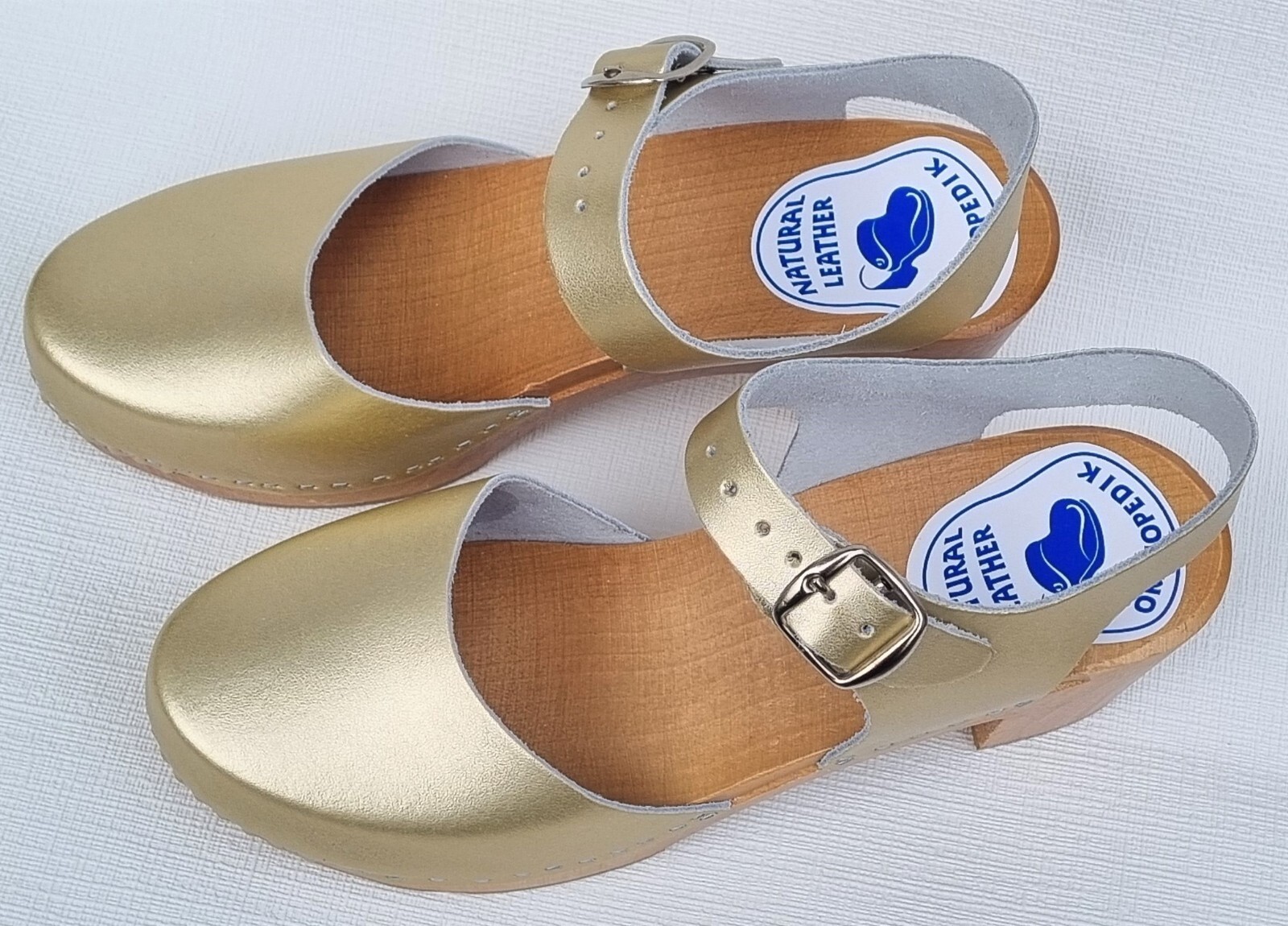 WOOD CLOGS wooden mules sandals size 38 *gold* real beef leather handmade