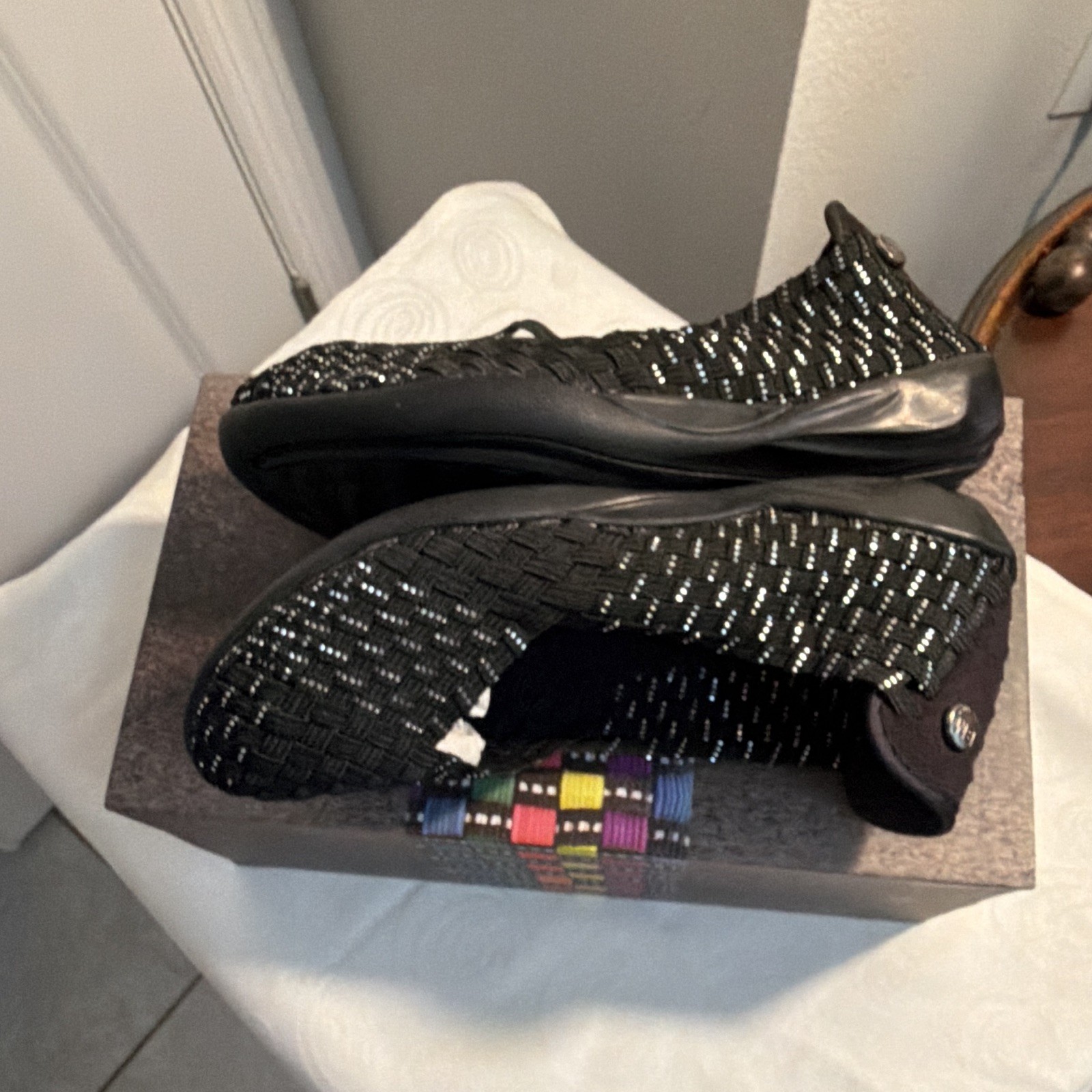 Bernie Mev Catwalk Women’s Black/Silver Woven Slip-On Comfort Flats EU 36 US 5