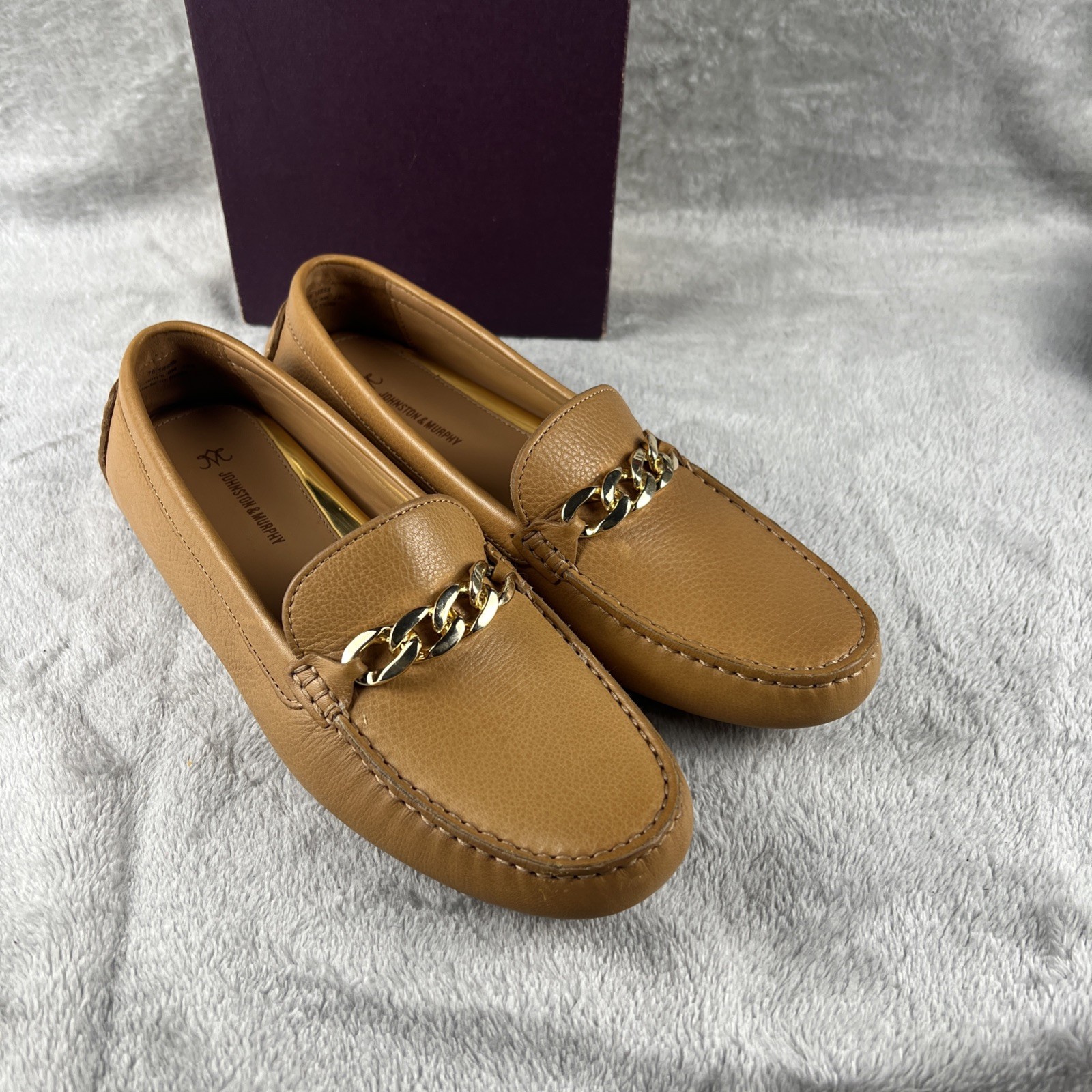 Johnston & Murphy Women’s Maggie Chain Moc Tan Calfskin Leather Loafers Sz 9M