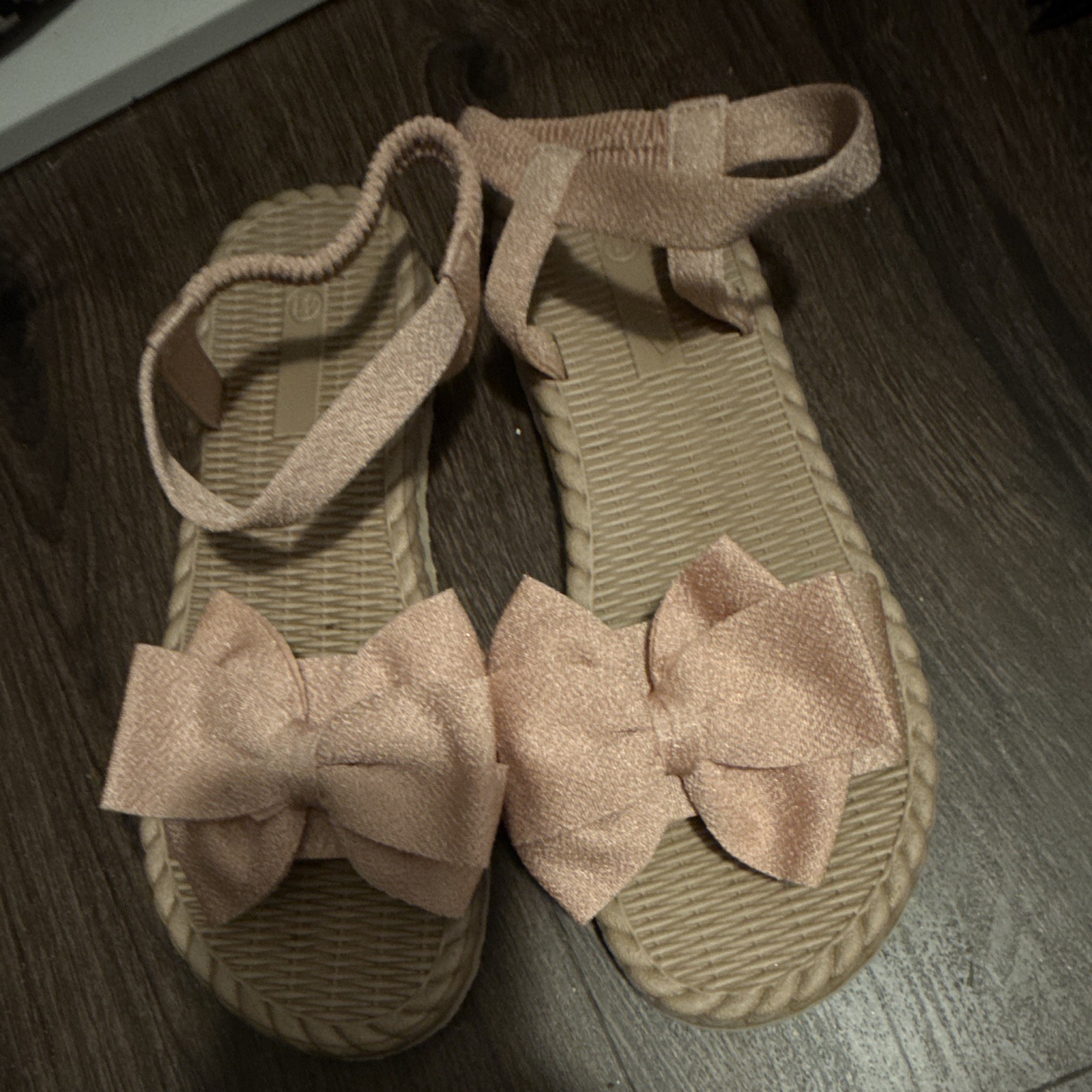 Womens Size 9.5 Beige Synthetic Flat Sandals Slip On Ankle Strap Bow