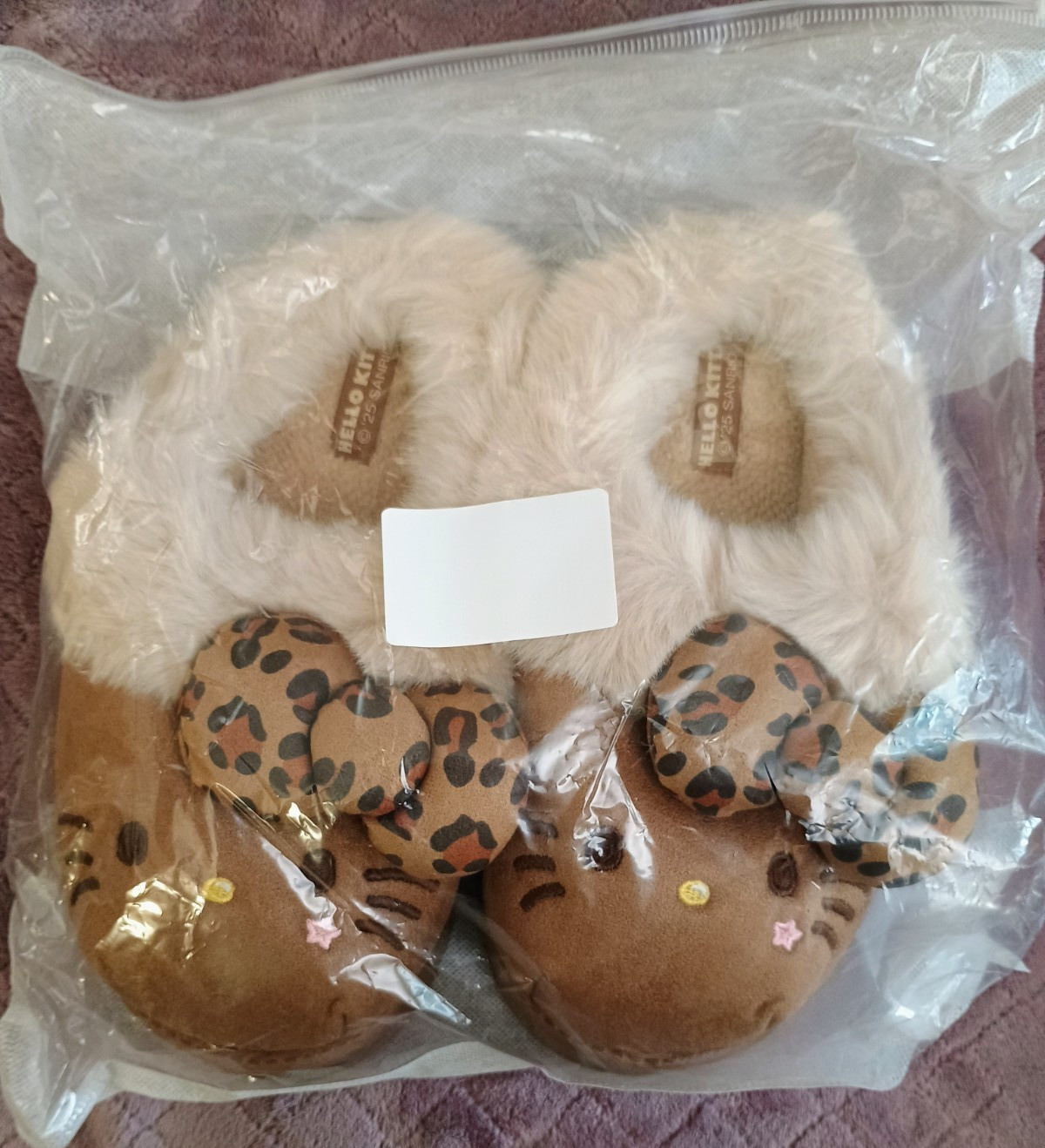 Hello Kitty Women’s Faux Fur Slippers Leopard Print Brown Size US 6/7 (36/37)NWT