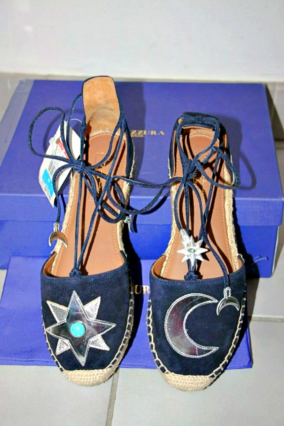 Aquazzura Poppy-Delevingne Midnight Star Moon Lace Up Espadrilles sz US 6/ IT 36