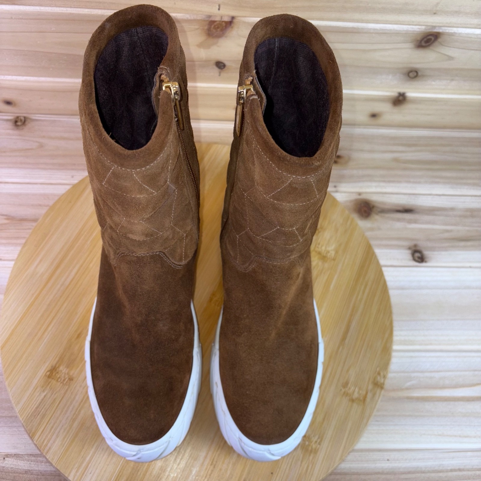 Aquatalia Boots Womens 5M Nelle Brown Suede White Platform Lug Sole Booties