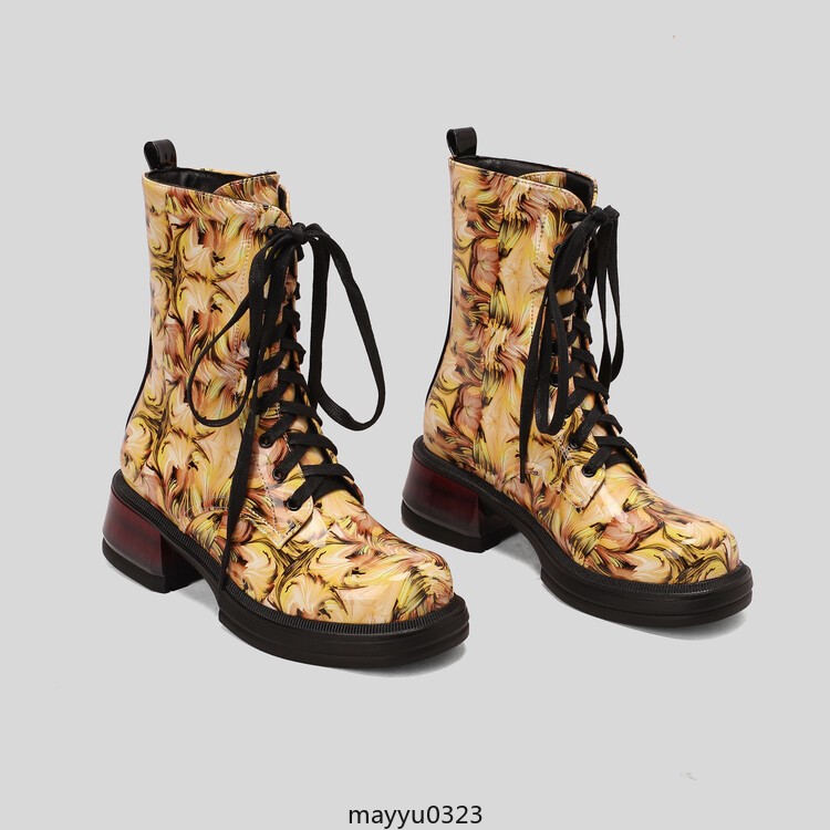 Women’s Mid Cuban Heel Ankle Boots Knight Printed Casual Lace Up Winter Shoes