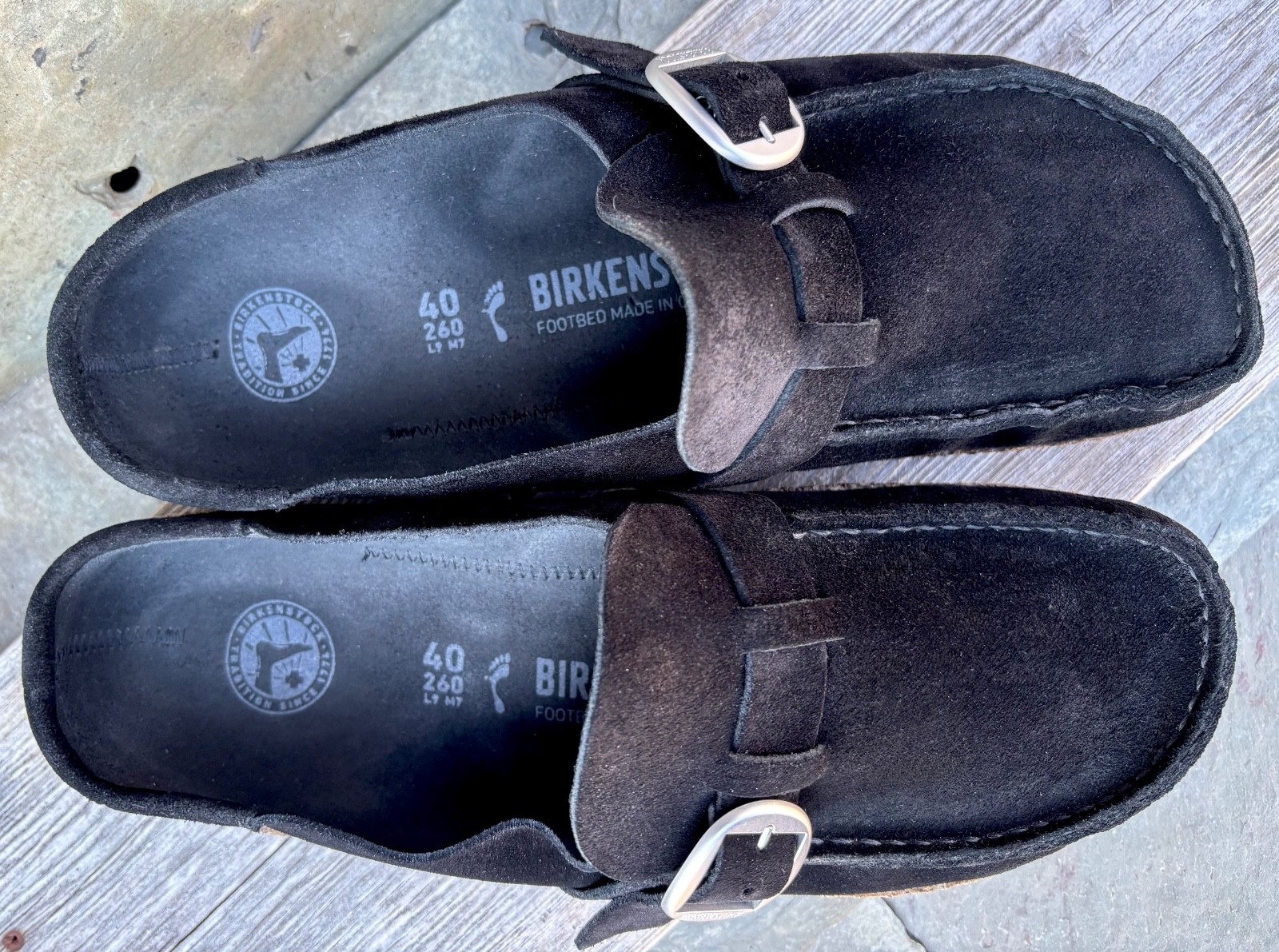 Nice! Birkenstock BUCKLEY (40/9N) Clogs Black Suede Slides Mules Strap w/ Buckle