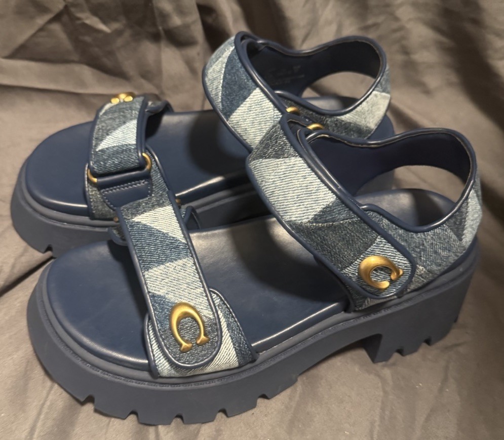 COACH Women’s Brynn Patchwork Denim Platform Sandals Size 6.5 NWOB