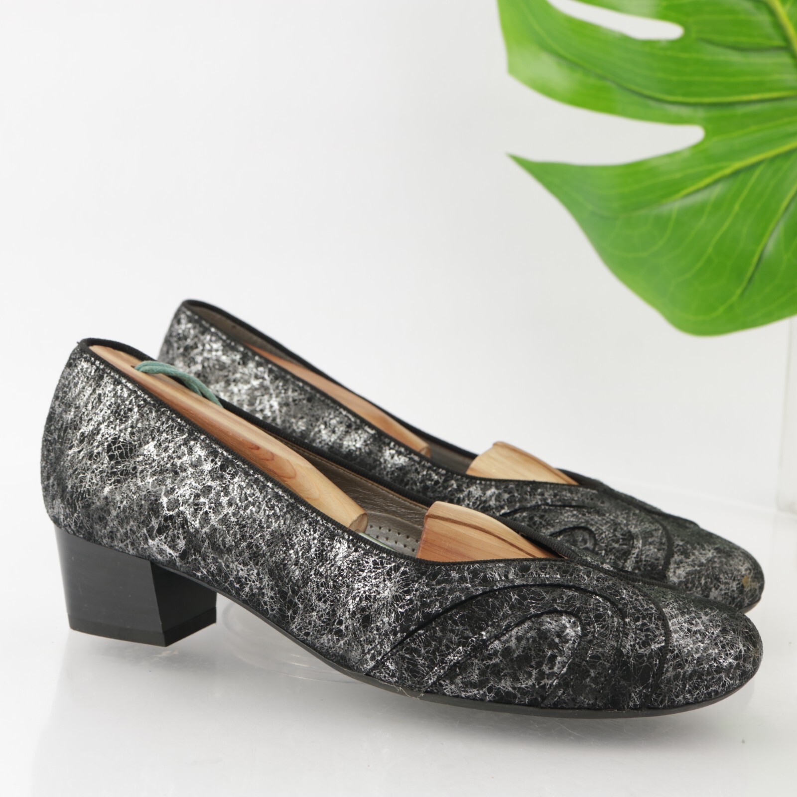 Ara Womens Gabrielle Pump Size 8 H Black Silver Python Block Heel Comfy Shoe