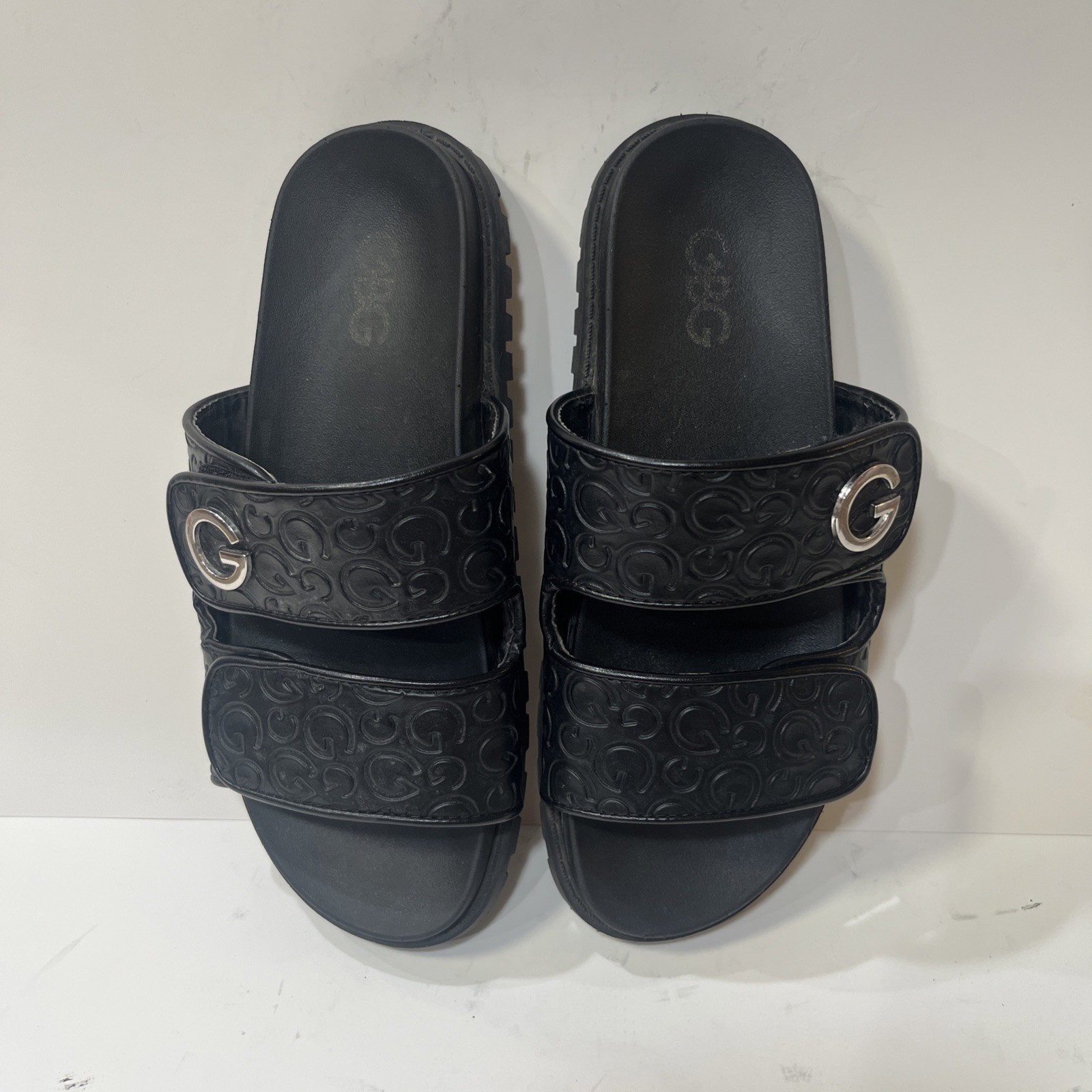 Guess GBG Black Embossed Slides Sandals Silver Accent Size 8M
