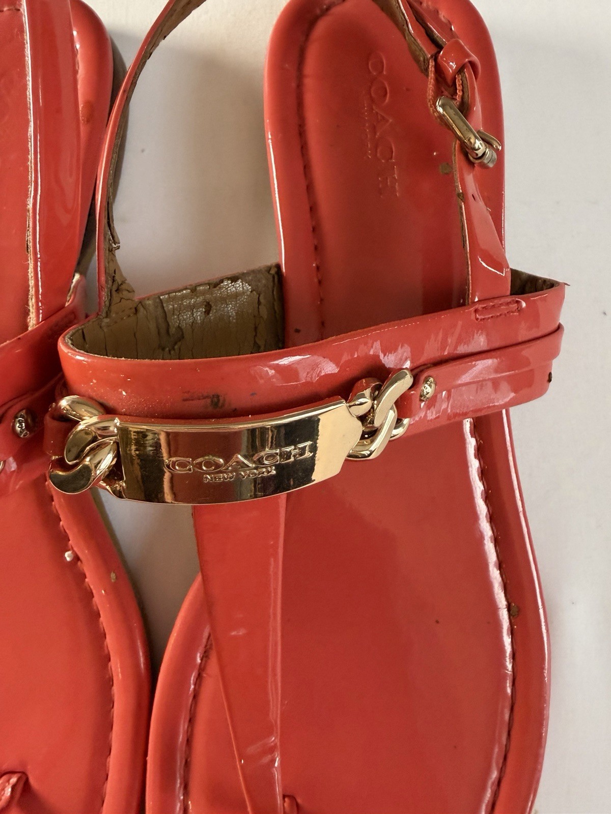 Coach Catherine Orange Leather Thong Flat Sandals Ankle Strap Buckle Logo US 8 B