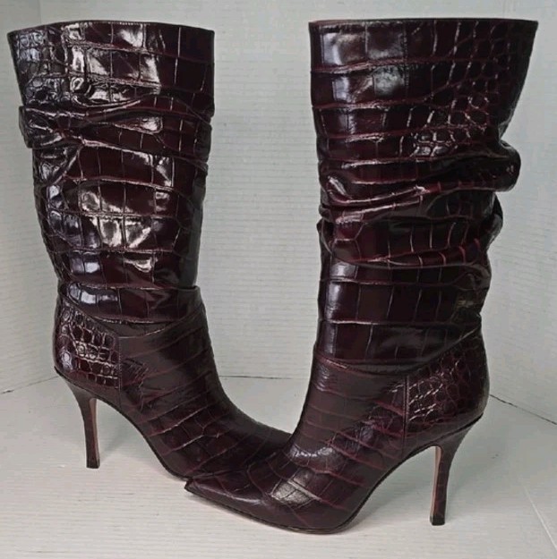 Size 37 Amina Muaddi Ida Croc-Embossed Leather Boots