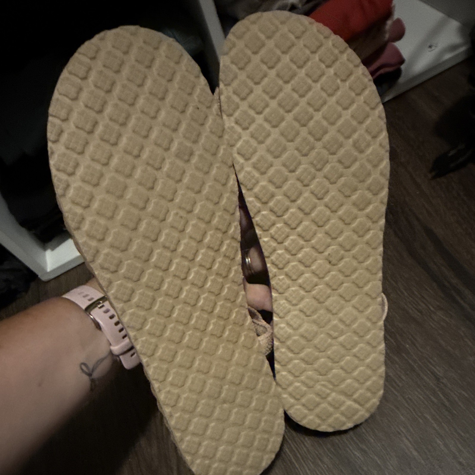 Womens Size 9.5 Beige Synthetic Flat Sandals Slip On Ankle Strap Bow