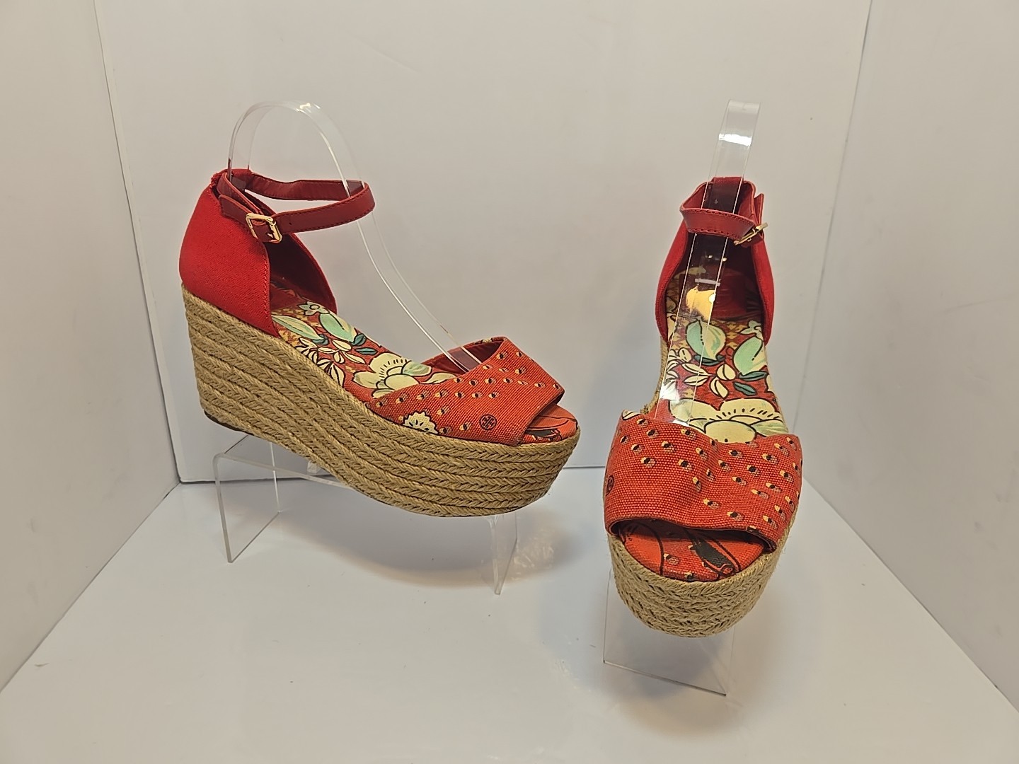 Tory Burch Platform Wedge Espadrilles Sandals Red Textile Leather US 9 M