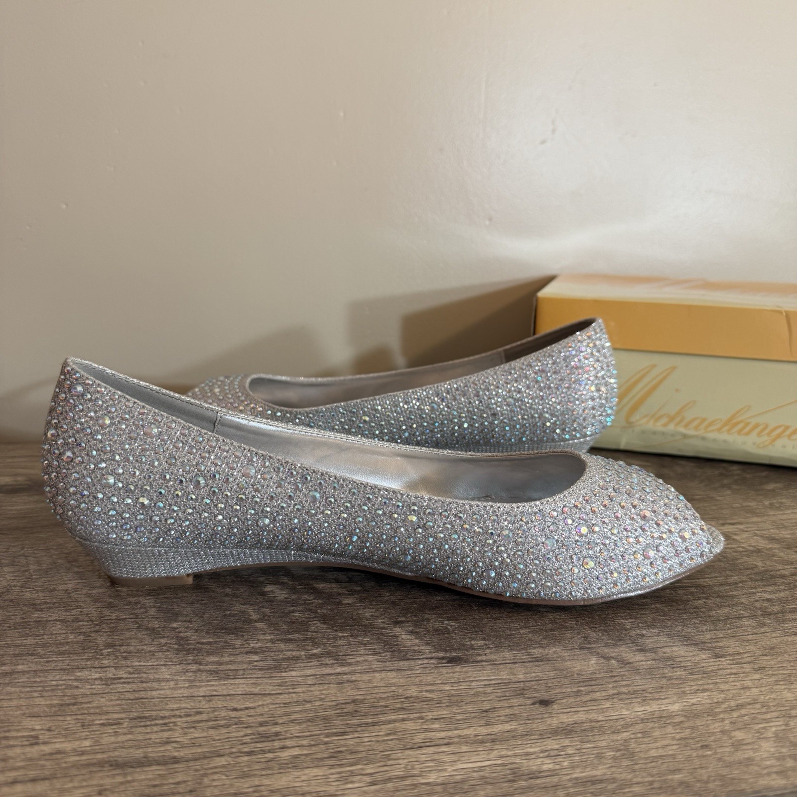 Michaelangelo David’s Bridal Silver Rhinestone Wedge Peep Toe Dress Shoes Sz 11