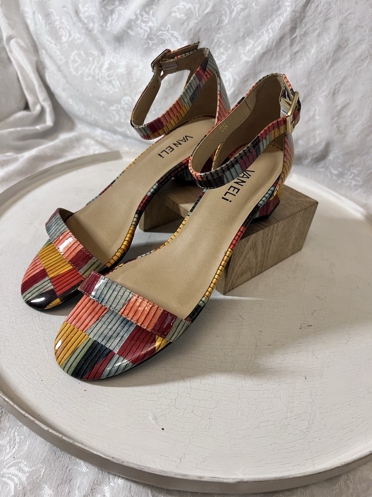 VANELI Sandals Colorful Patchwork Print Patent Ankle Strap Round Block Heel 8 N