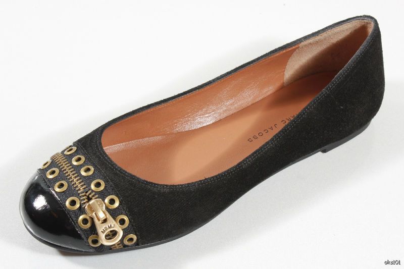 MARC JACOBS black flats 36.5 6.5 LOGO zipper grommets shoes SUPER CUTE new