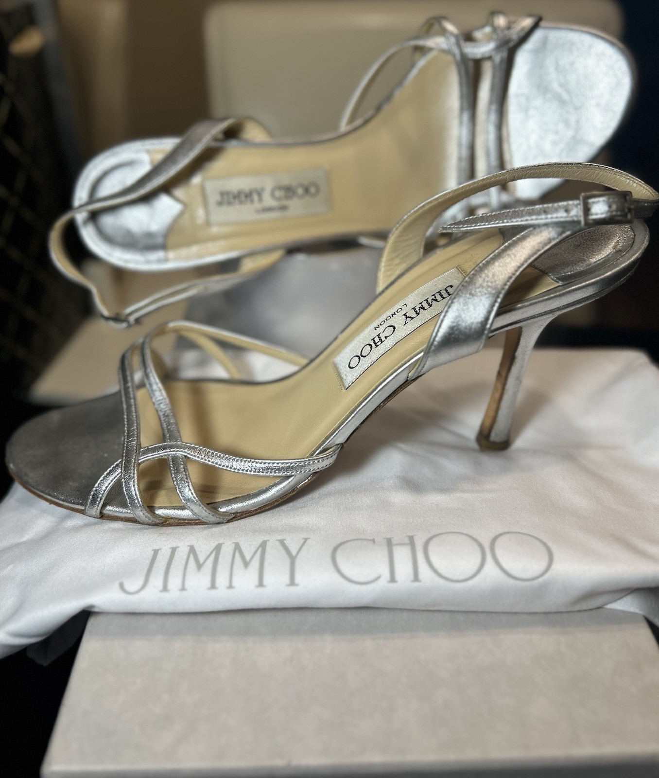 Jimmy Choo Silver Leather Strappy Open Toe Buckle Stiletto Heel Women 8.5