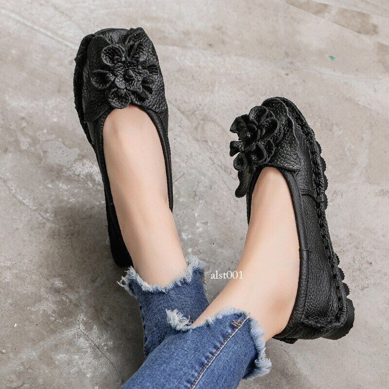 Leather Flat Shoes Women Flats with Flowers Ladies Soft Shoes Loafers Slip On