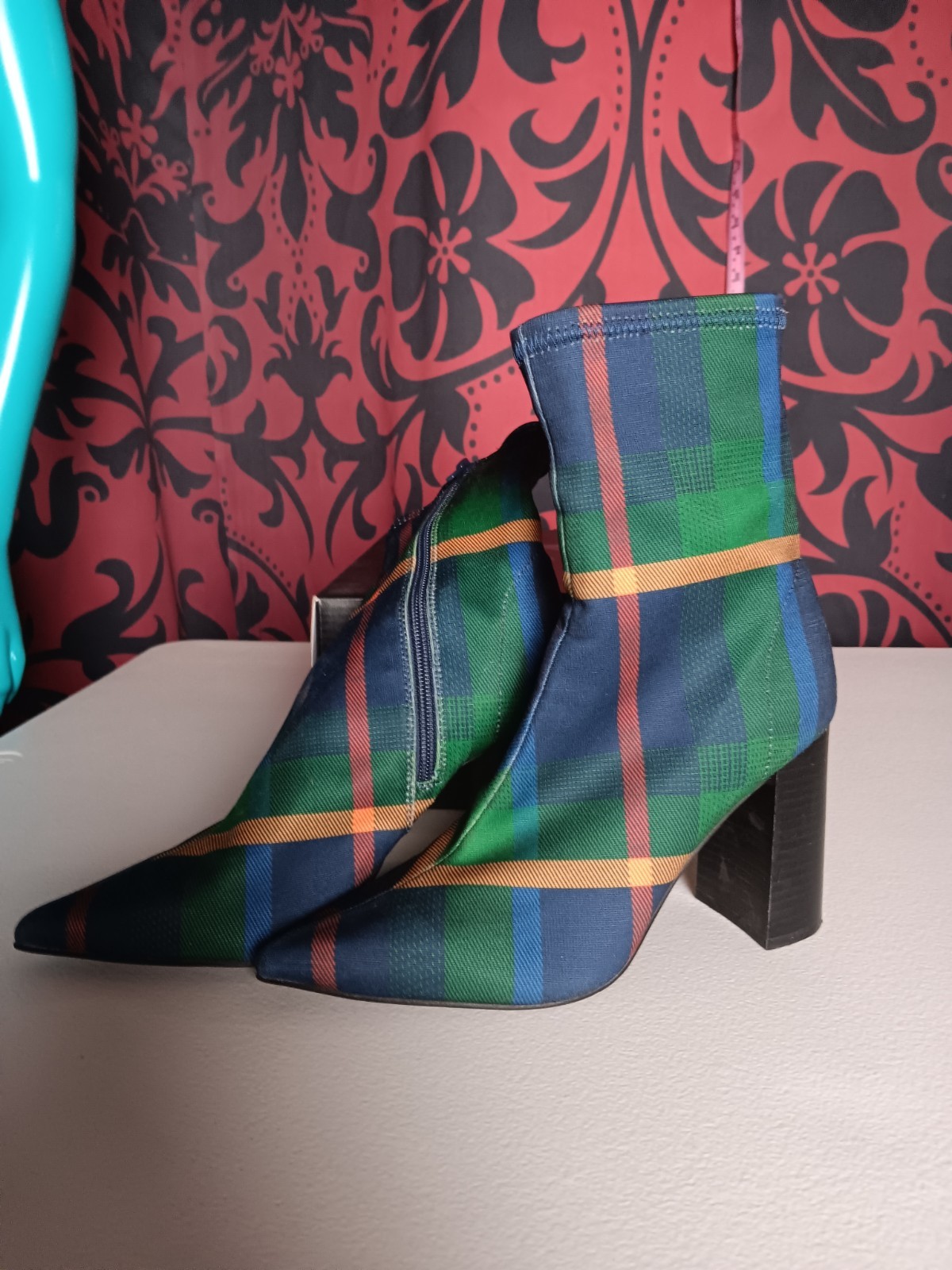 vintage jeffrey campbell Green Plaid Boots Heels 7M Heels Y2k 90s Bohemian Goth