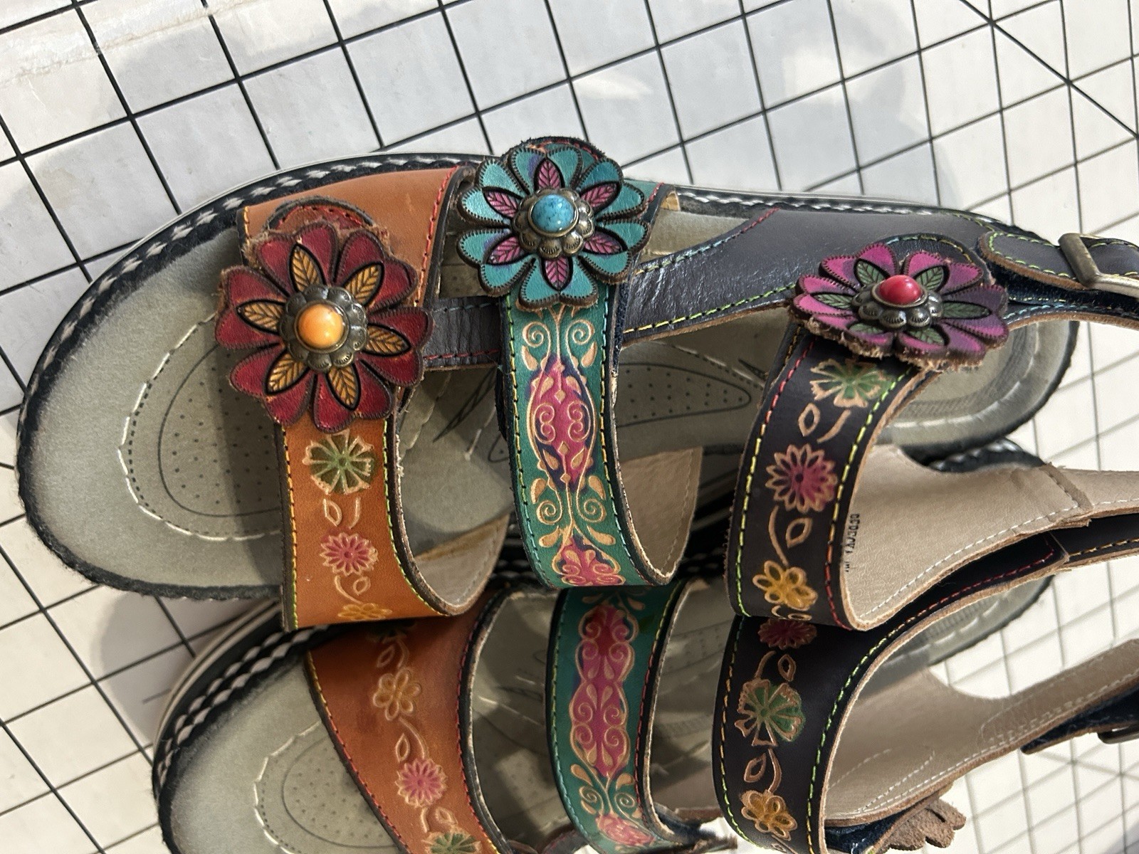 Spring Step L Artiste Rebecka Multi Leather Floral Platform Sandals EU 41 US 10
