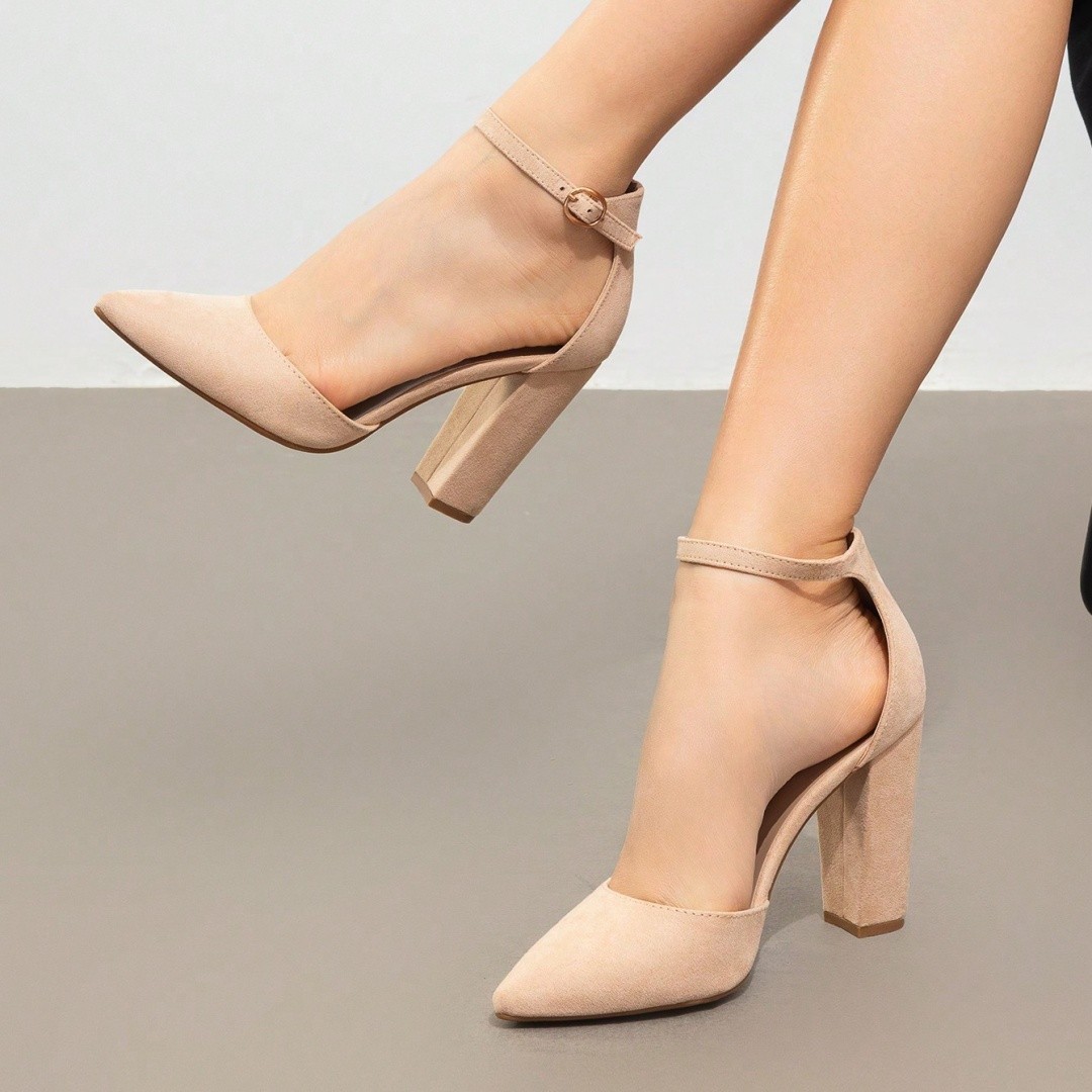 Women Chunky Block High Heel Ankle Strap Pointed Toe Wedding Dress Pumps