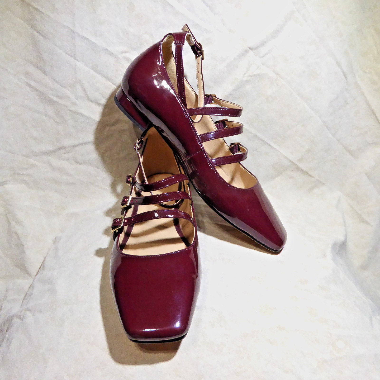 🩰 Unbranded Ankle Multi Strap Ballet Flats sz 11 M Red Wine Patent Leatherette