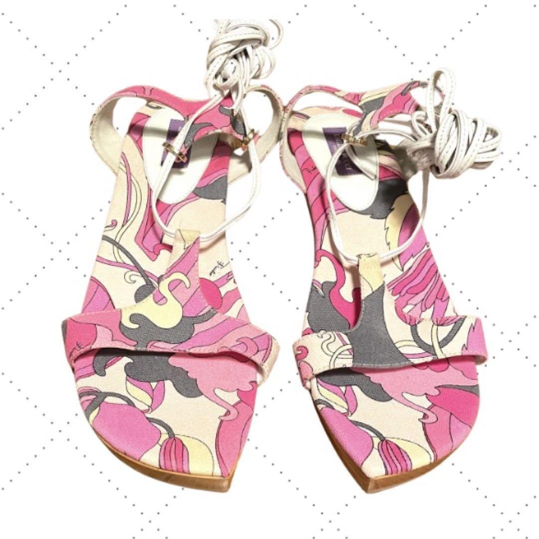 Emilio Pucci Lace-Up Sandals Pink White 38
