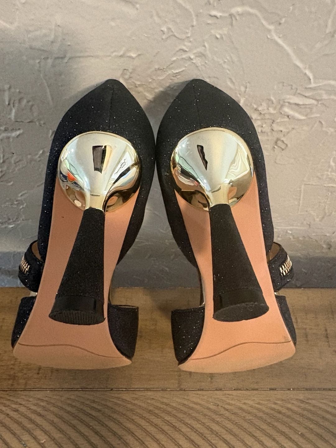 FINDVELL Black Shimmer Pumps with Decorative Zipper Strap Gold Accent Heels