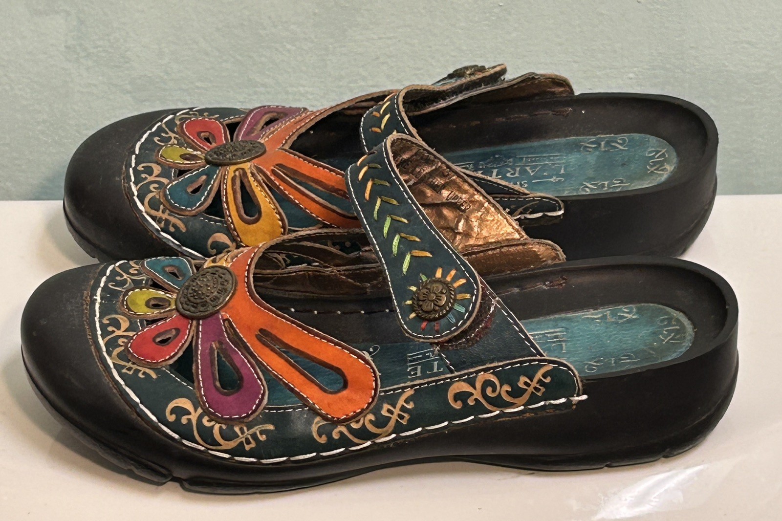 L’Artiste 37/6.5 Spring Step Colorful Floral Leather Women’s Copa Flat Sandal