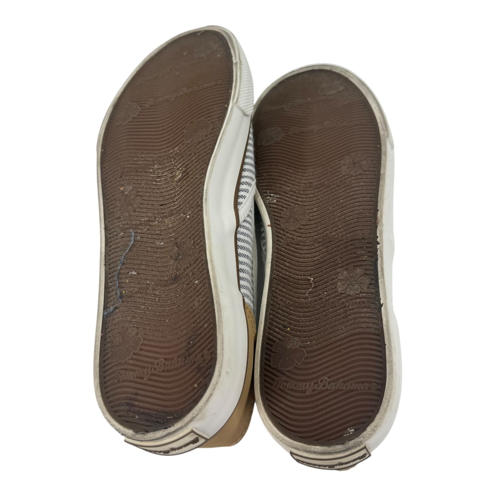 Tommy Bahama Womens Striped Canvas Slip On Sneakers Blue Wht Tan Loafers Sz 7.5