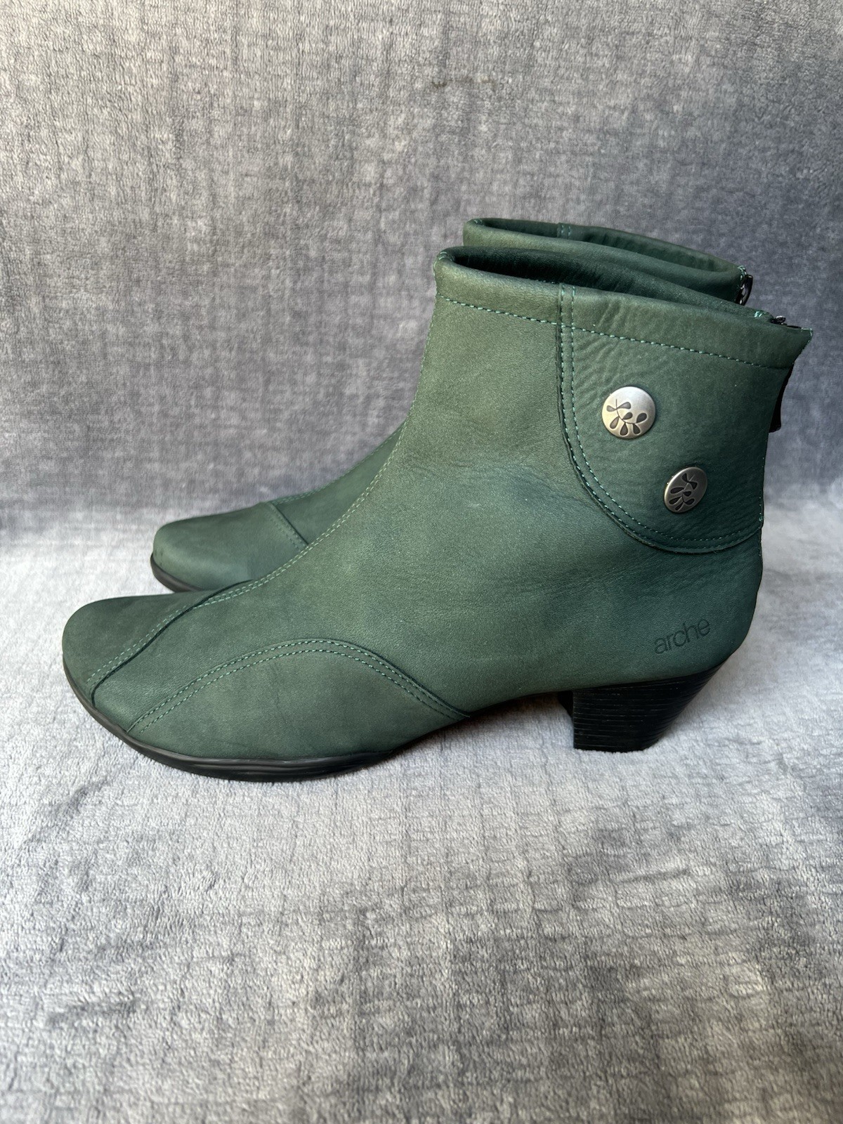Arche Leather Ankle Boots Sz 40 , 9 Green Nubuck Stacked Heel Back Zipper France