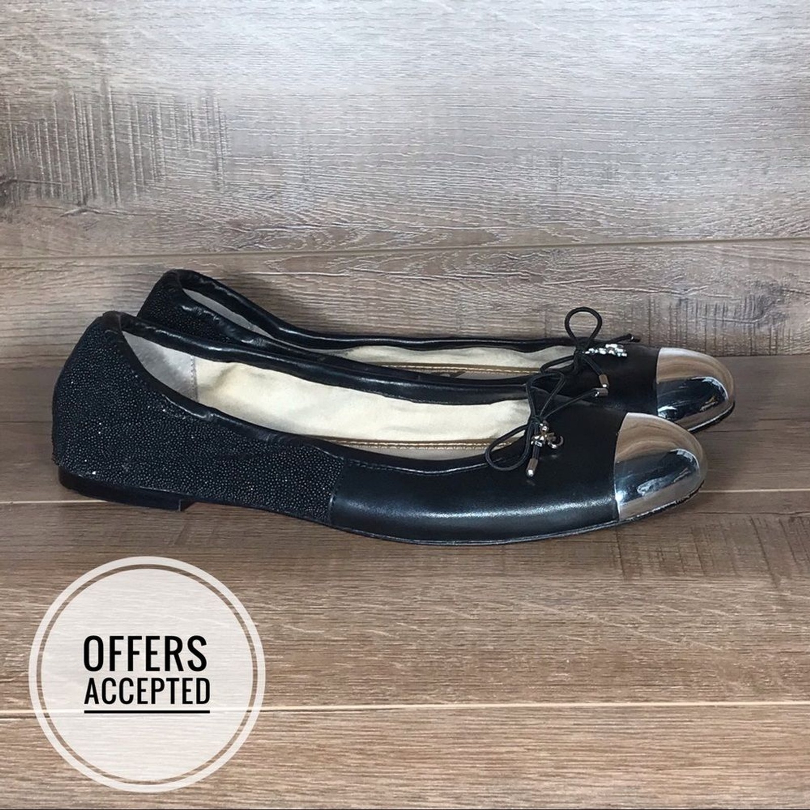Sam Edelman Black Ballet Flats Womens 7.5 M Chrome Cap Toe Slip On Casual Travel