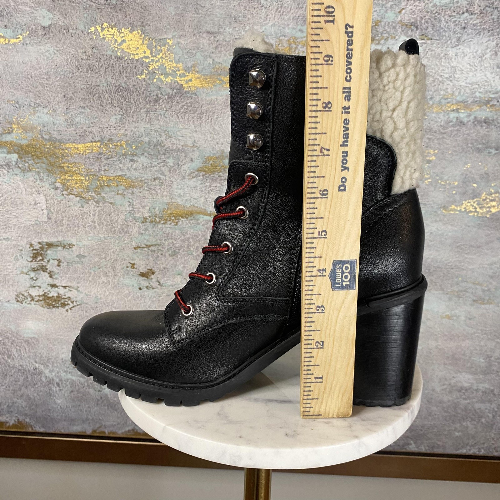 Nine West Boots Womens Size 9.5 Black Faux Leather Fur Lined Combat Heel Ankle