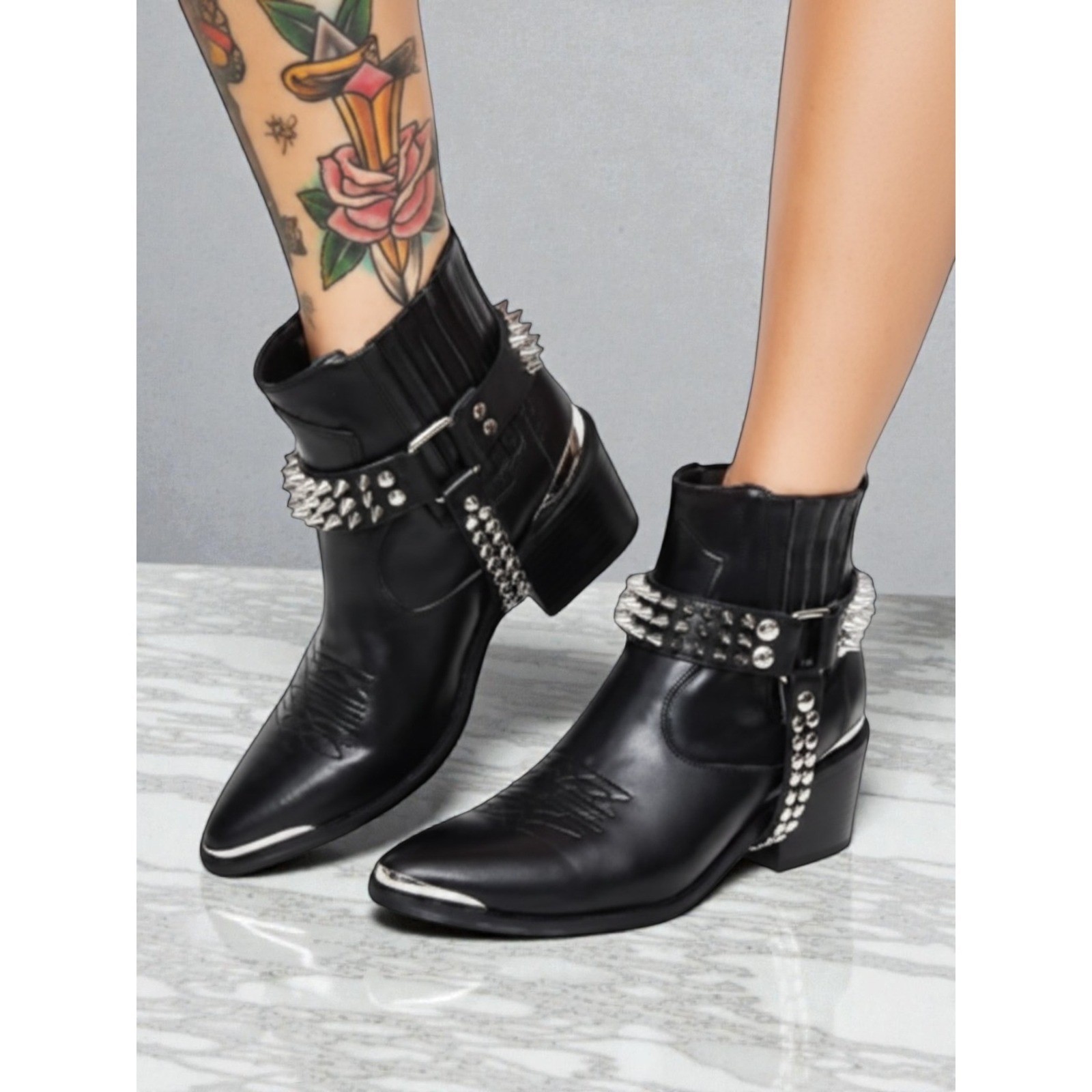 Dolls Kill Current Mood Studded Harness Moto Biker Western Ankle Boots Black 5/6