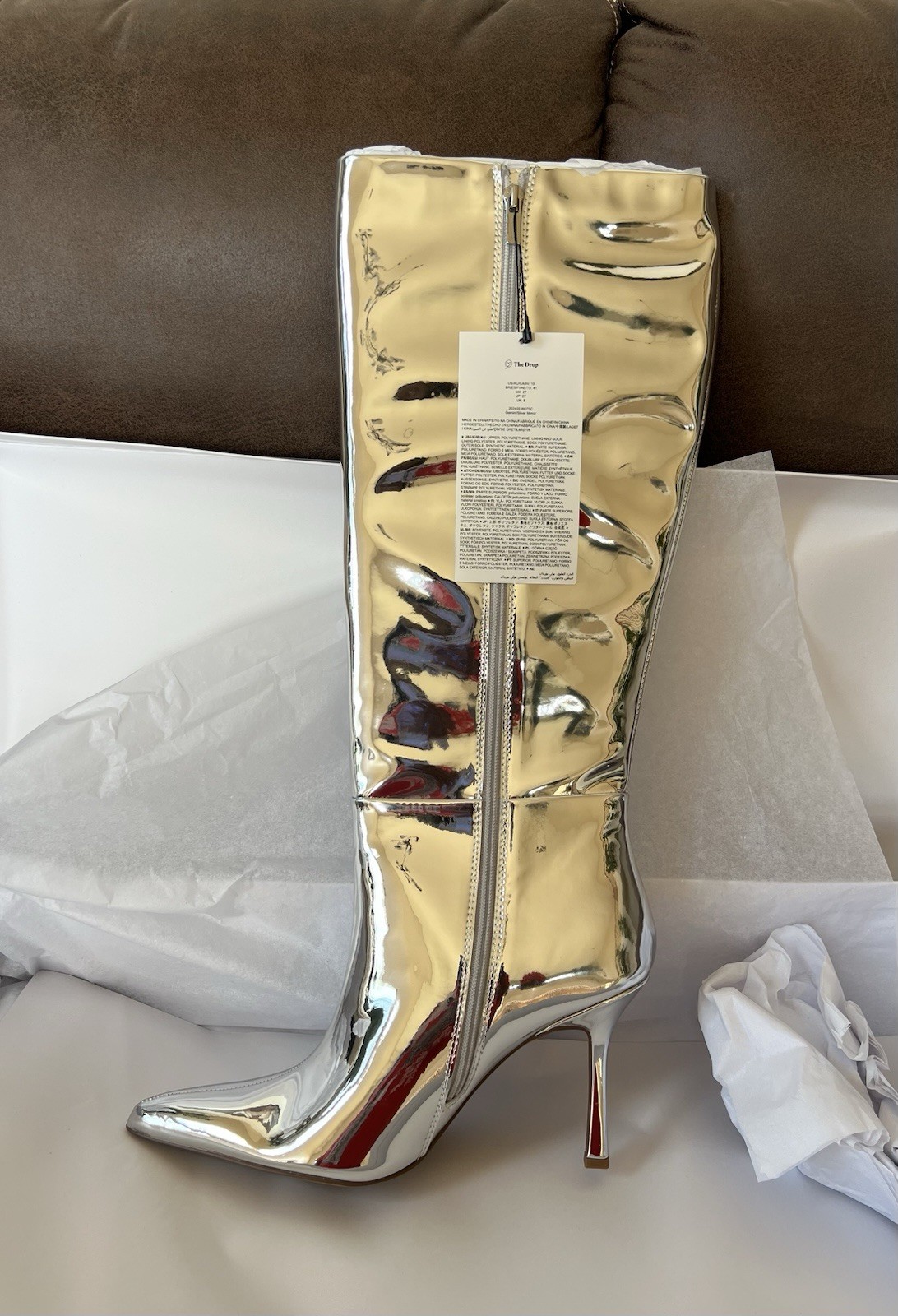 Mirror Silver Knee High 3.6” Stiletto Heel NIB, The Drop Size 8.5