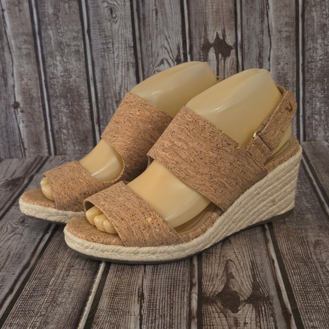 Sz 7.5 Wide Womens Vionic Brooke Cork Tan Gold Espadrille Wedge Sandals VGUC
