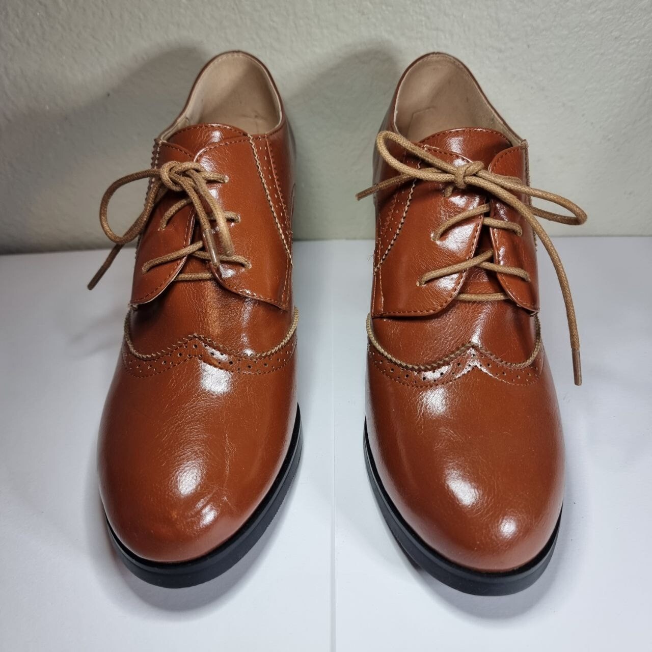Odema Brown Womens PU Leather Oxfords Brogue Wingtip Lace Up Dress Shoes