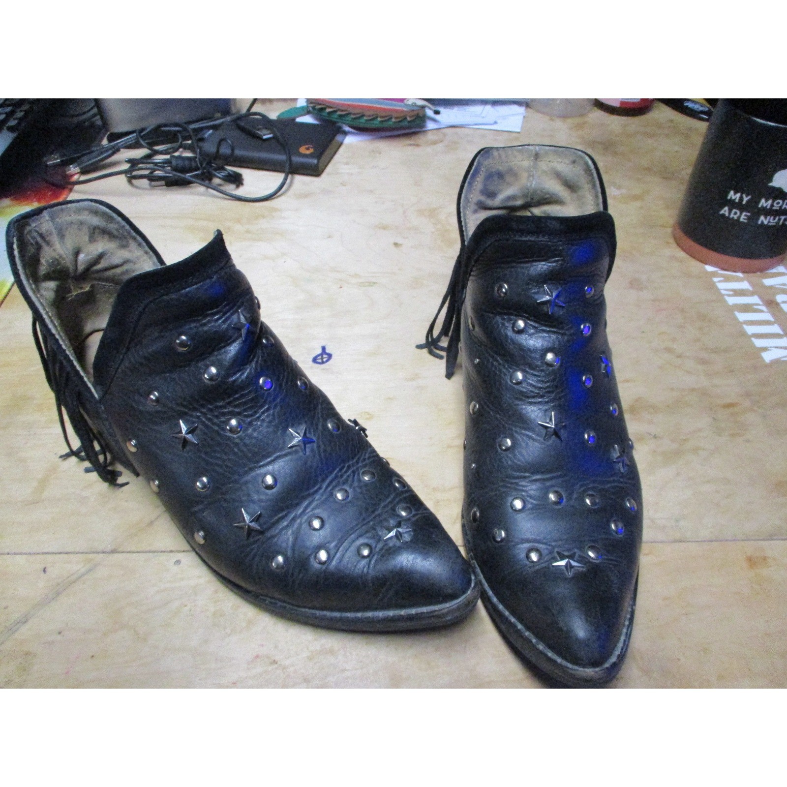 Black Leather Star Studded Pointed Toe Ankle Boots Leopard Print Lining Womens