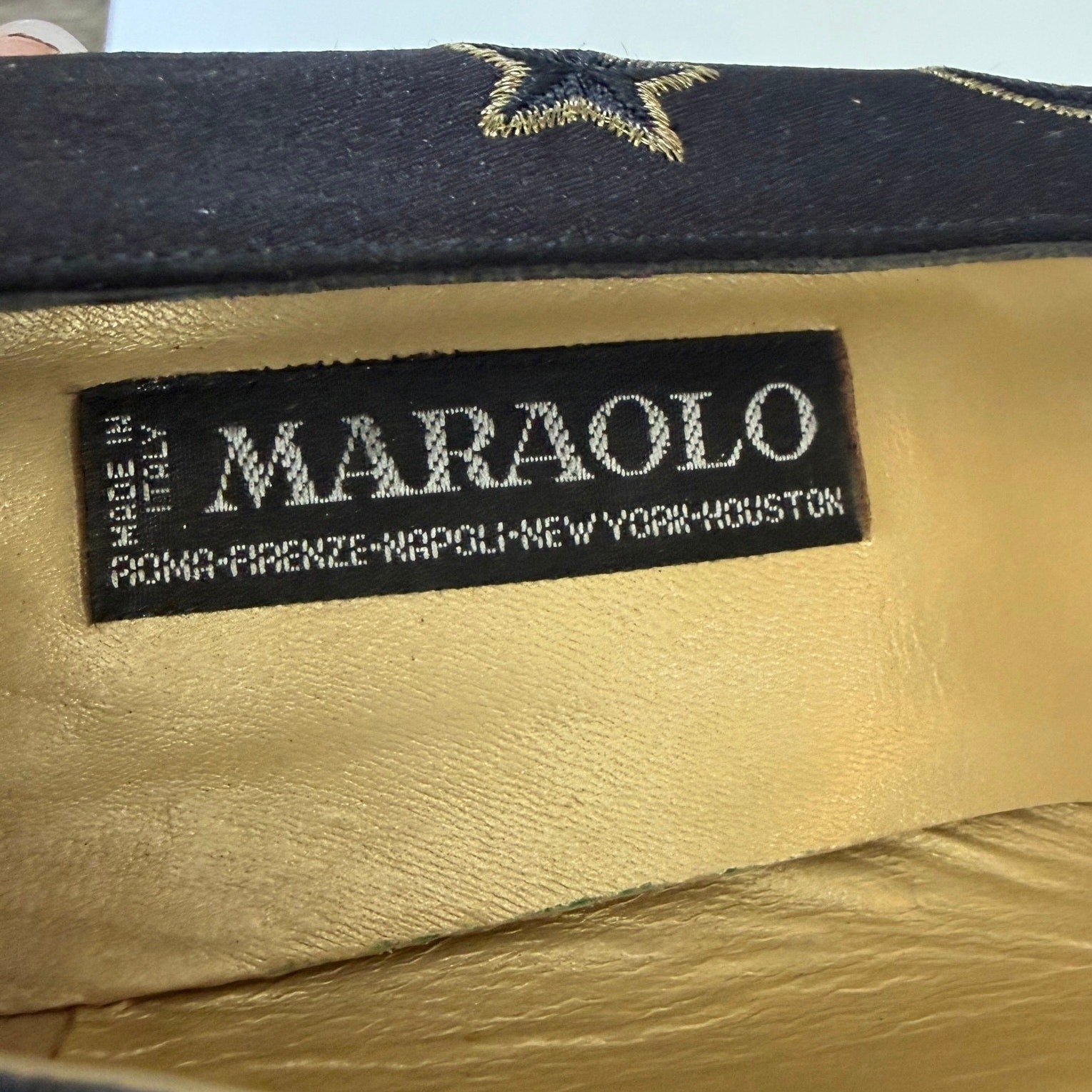 VTG 80s Italian Celestial Black Satin Pumps Gold Embroidery Art Shoe 39 US 8.5