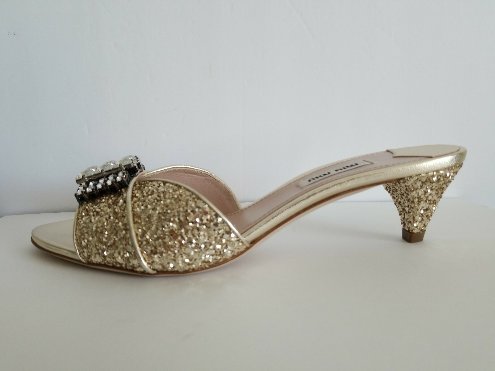 MIU MIU GOLD GLITTER SWAROVSKI CRYSTALS WEDDING MULES SLIDES EU 39 I LOVE SHOES