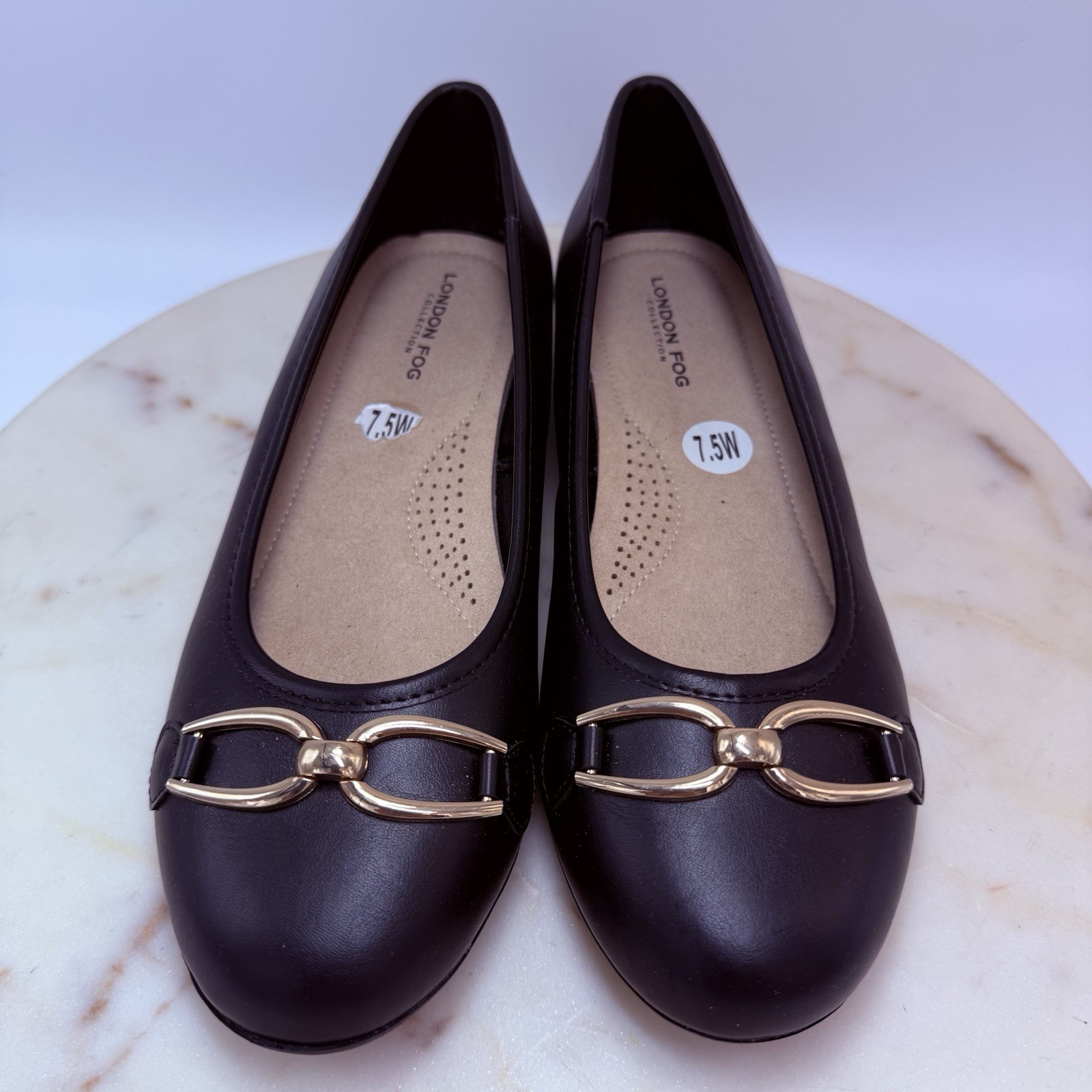 London Fog Collection Brinkley Black Gold Buckle Slip-on Womens Ballet Flats 7.5