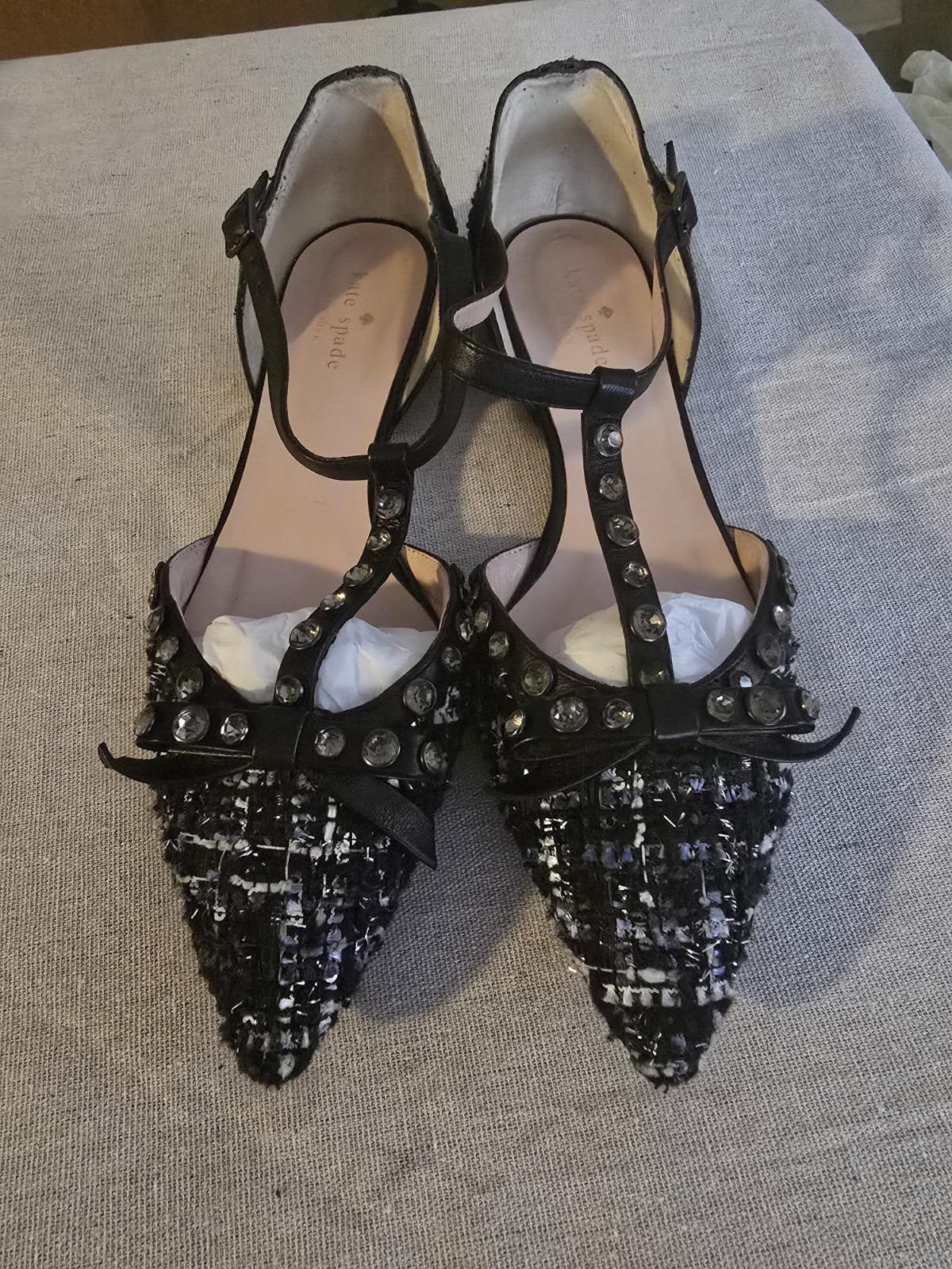 kate spade new york Black White Tweed Pointed Toe Pumps Bow Rhinestone Buckle