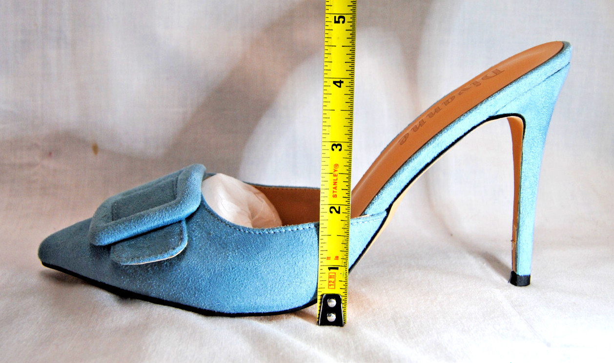 Divanne Women’s Buckle Backless Heeled Mules Pointed-Toe Blue Suede Shoes T2376