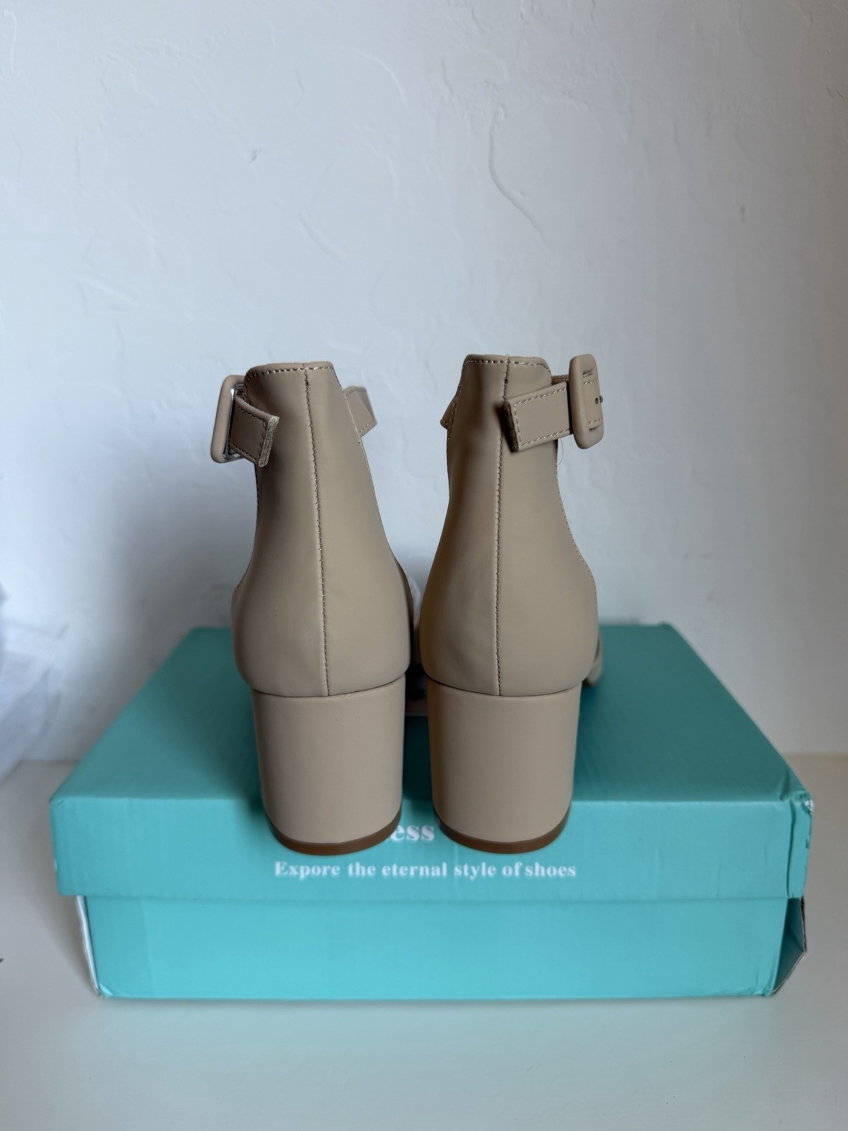 Beige Block Heels Pointed Toe Women Shoes Size 7 Ankle Strap Nude Wedding Office
