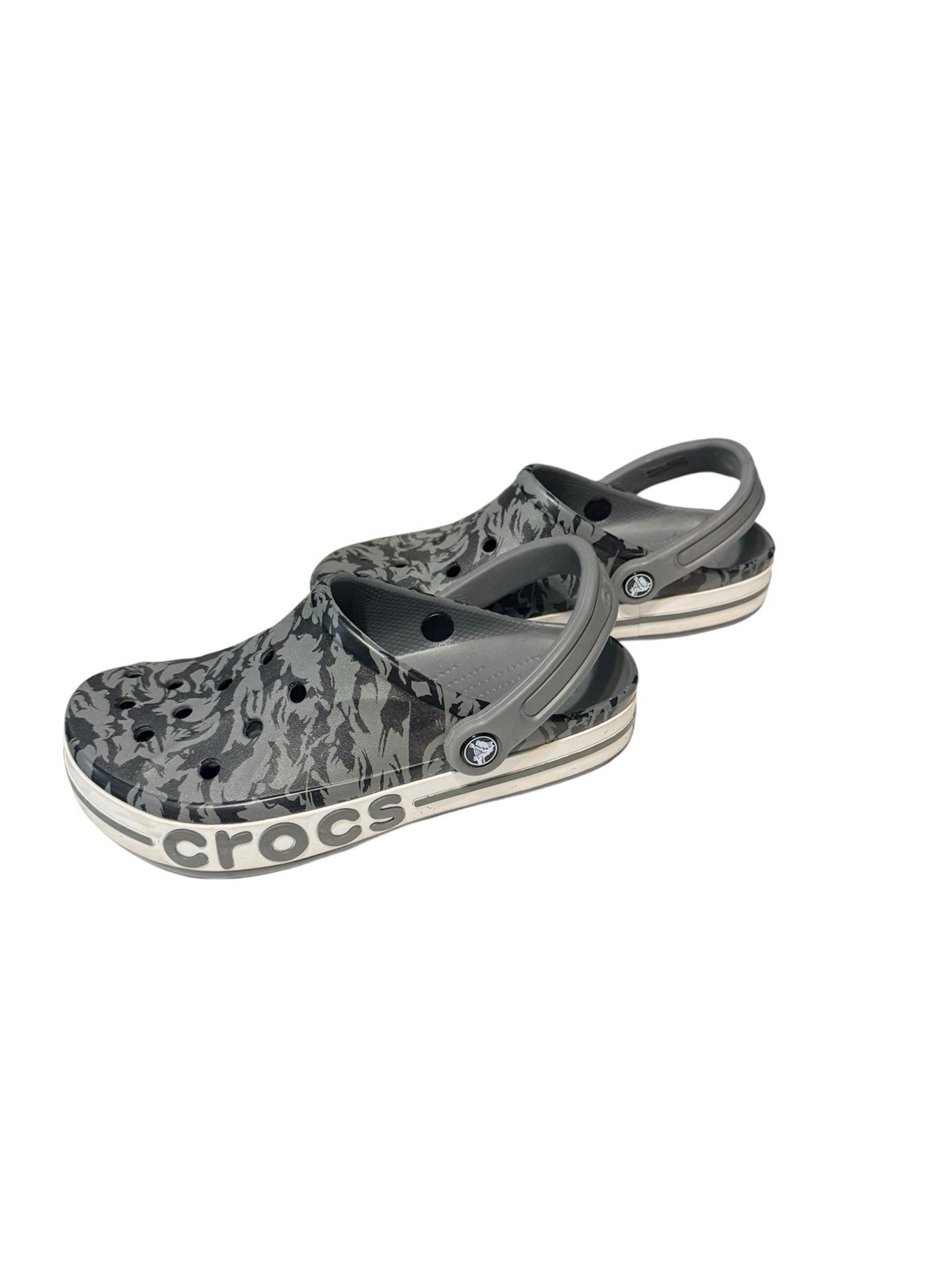 Crocs Clogs Womens 8 Mens 6 Gray White Bayaband Chevron Slip On Shoes Comfort