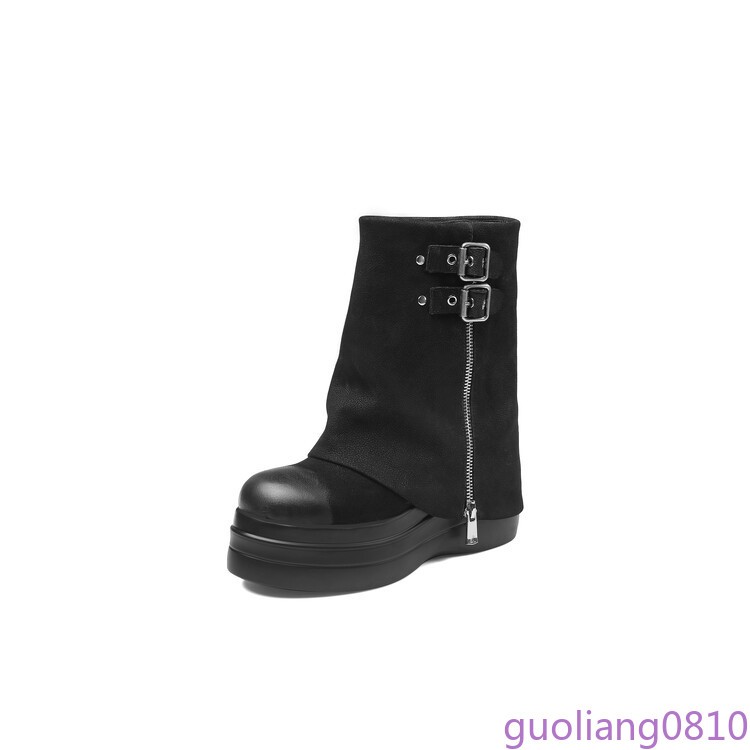 Women’s Leather Ankle Boots Round Toe Shoes Side Zip Wedge Heel Platform Fashion