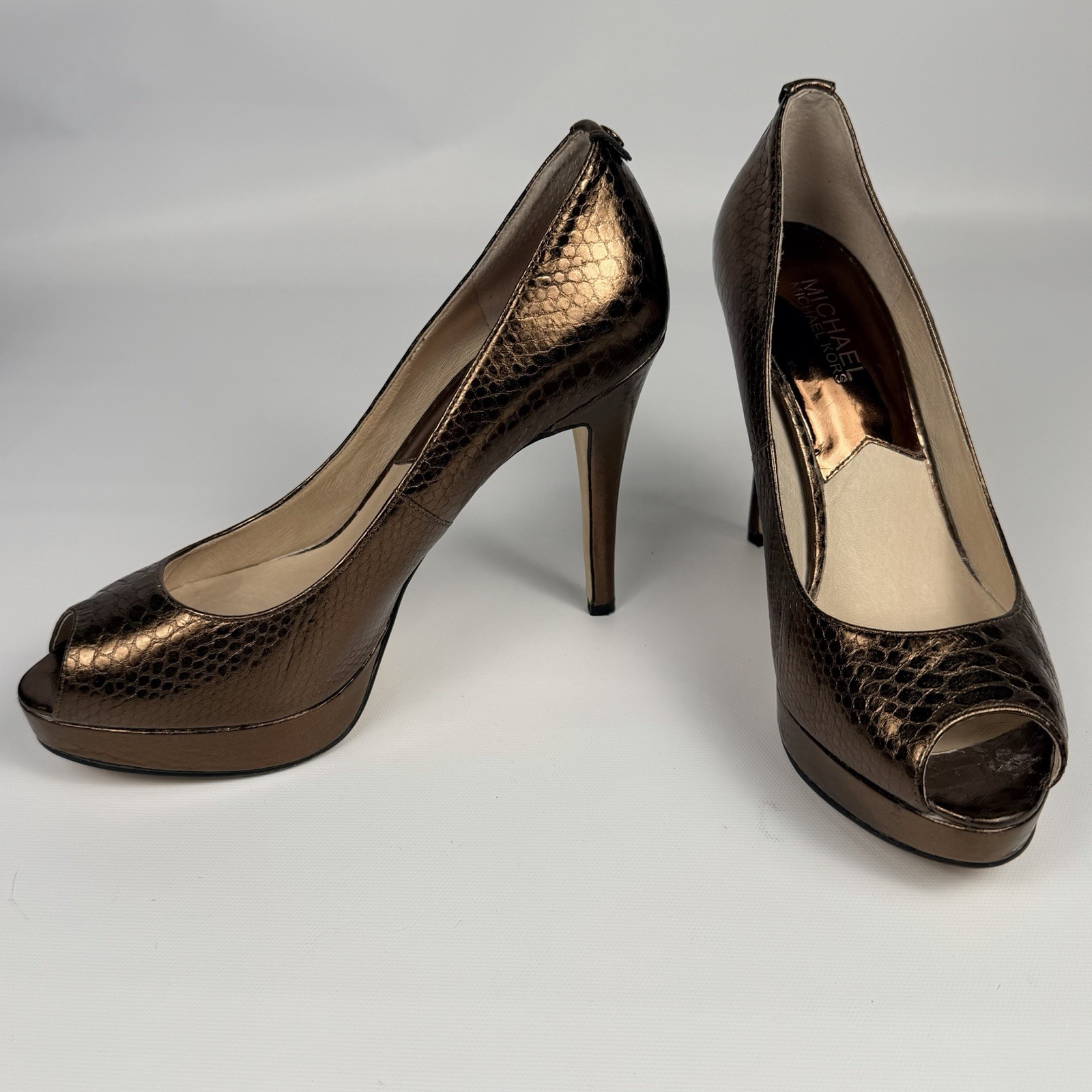 Michael Kors York Metallic Bronze Snakeskin Peep-Toe Platform Pumps Heels Sz 8