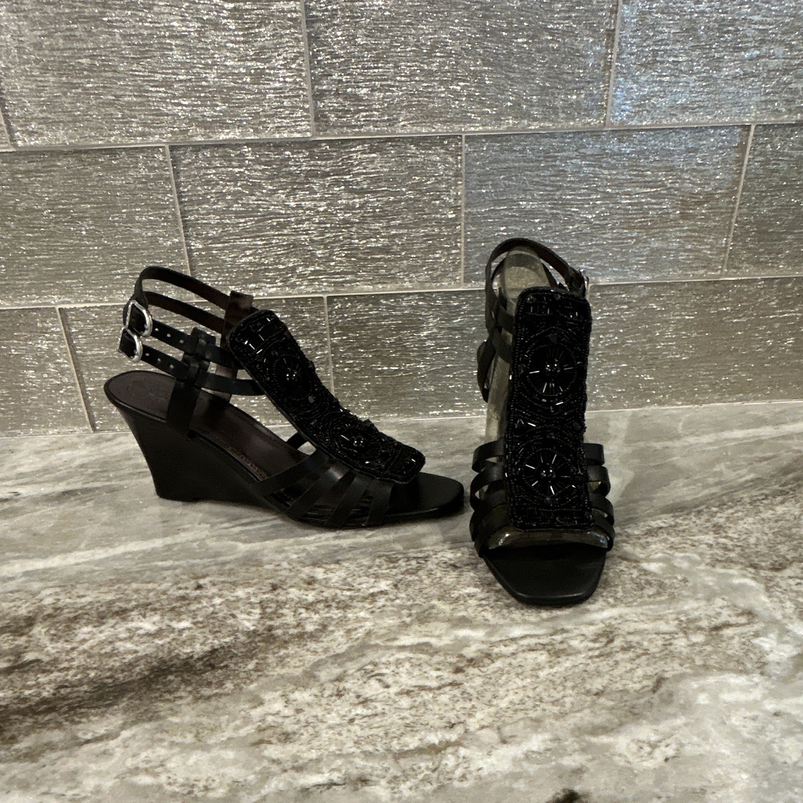 Vince Camuto Black Leather Snake Skin Beaded Strappy Buckle Stiletto Heels 9.5 M