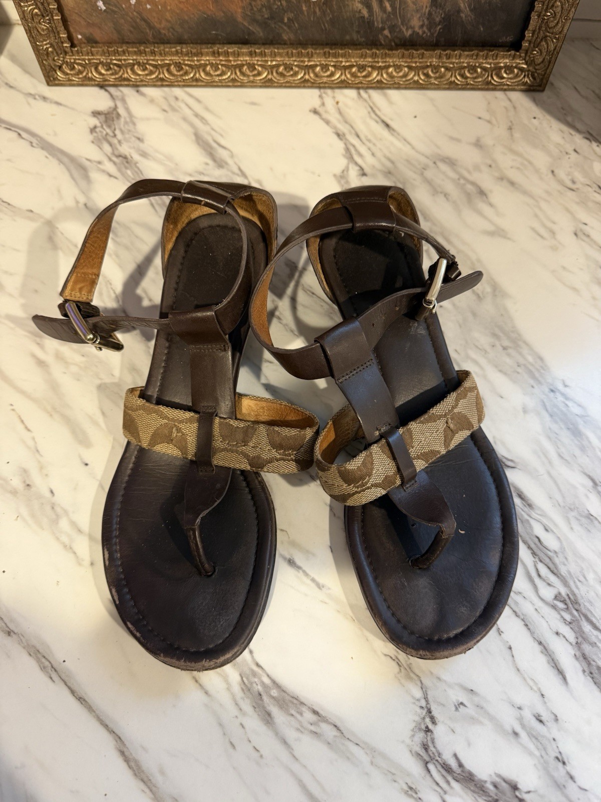 Coach Women’s Signature Logo Strappy Buckle Ankle Strap Sandals Brown 7