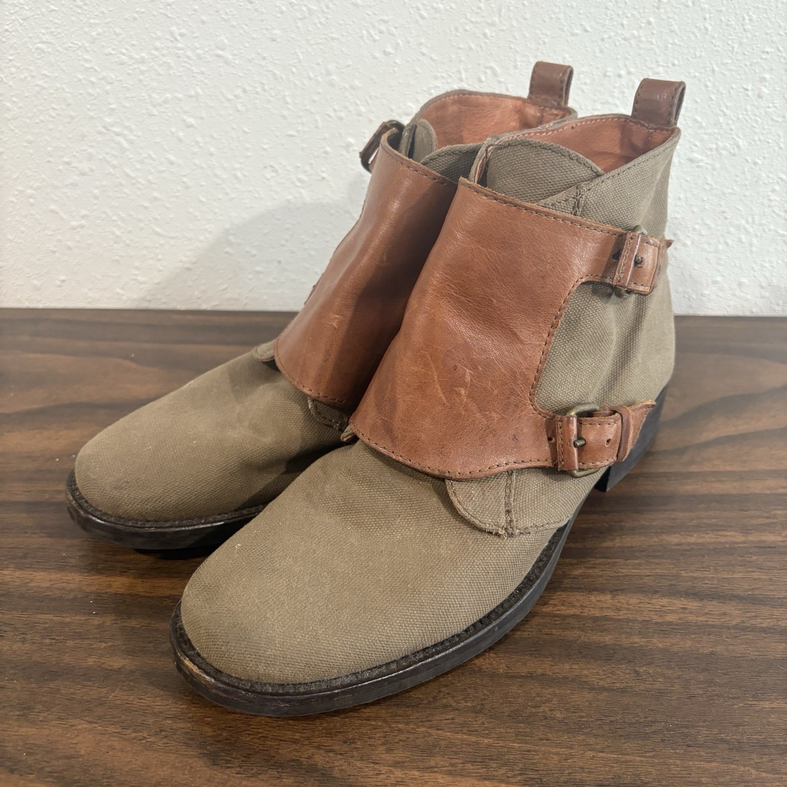 J Crew Womens Canvas Leather Double Monk Strap Ankle Booties Size 7 Green Brown