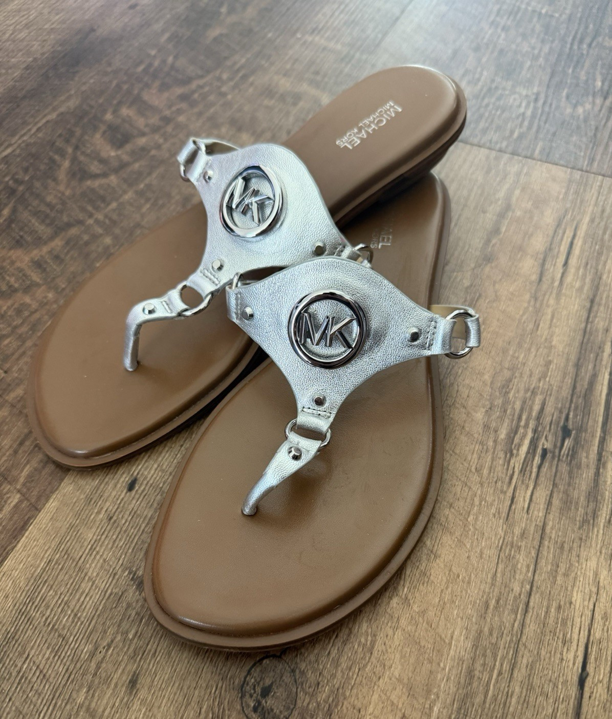 MICHAEL Michael Kors Women’s Brown/Silver MK Logo Thong Sandals US 8
